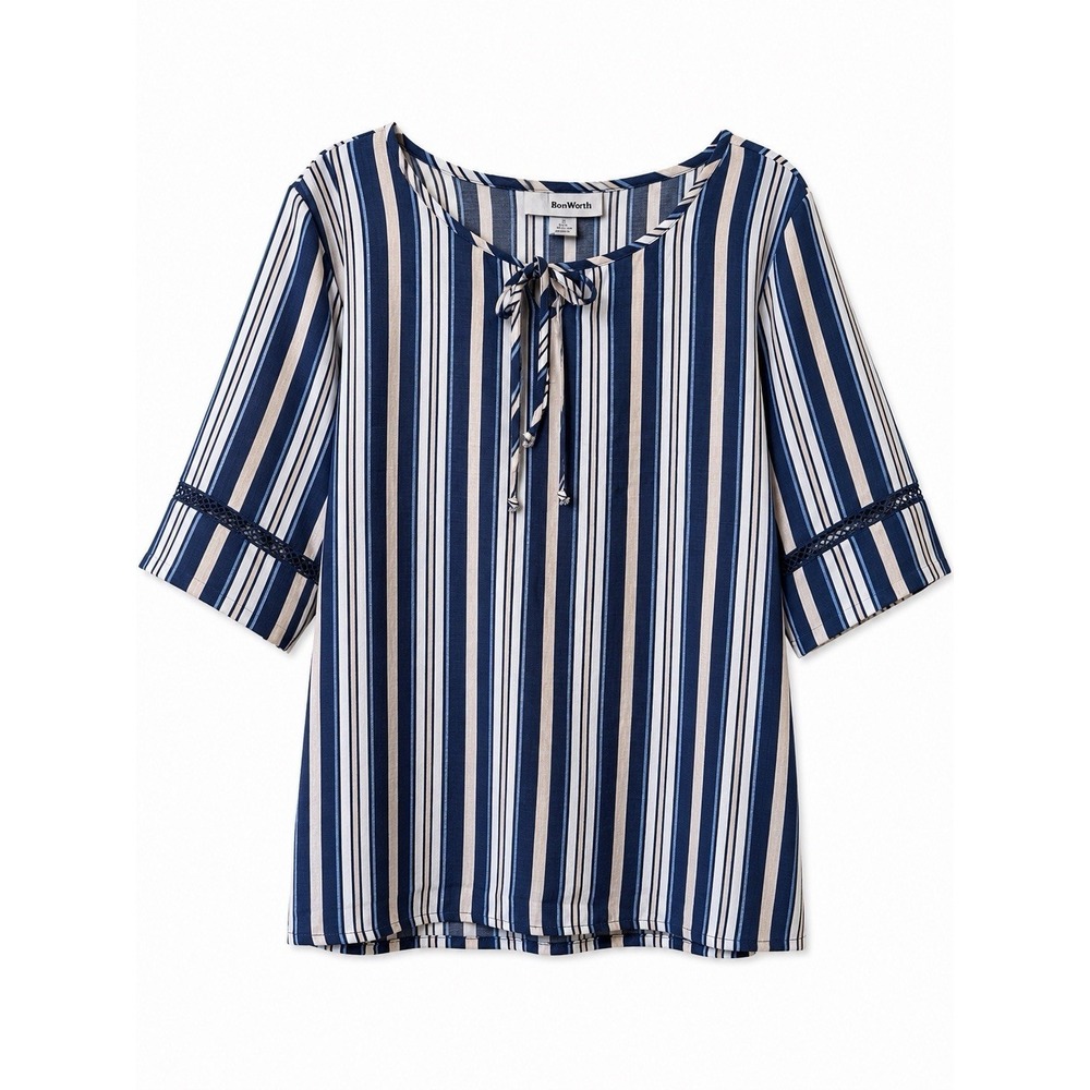 BonWorth Womens Striped Blouse Navy Blue White Tie Neck Lace Trim Top XL